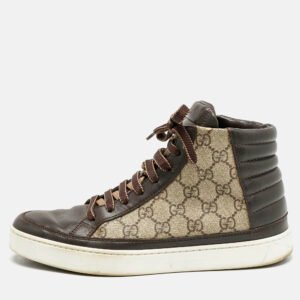 Gucci Brown/Grey GG Supreme Canvas and Leather Cap Toe High Top Sneakers Size 40.5