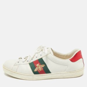 Gucci White Leather Embroidered Bee Web Ace Low Top Sneakers Size 43.5
