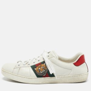 Gucci White Leather Ace Web Tiger Embroidered Low Top Sneakers Size 43