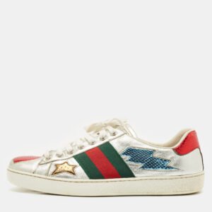 Gucci Silver Leather and Python Embossed Leather Ace Lace Up Sneakers Size 39.5