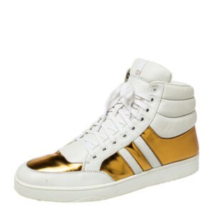 luxury-men-gucci-used-shoes-p458310-002 Gucci White/Gold Leather Lace Up High Top Sneakers Size 43.5