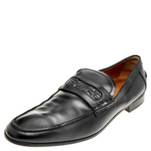 Gucci Black Leather Horsebit Embossed Slip On Loafers Size 44.5