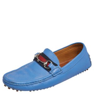 Gucci Blue  Leather Horsbit Web Trim Loafers Size 40