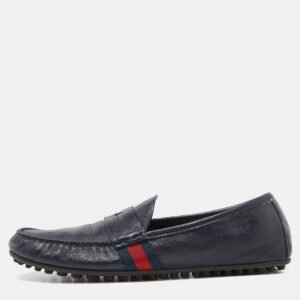 Gucci Blue Leather Web Accent Penny Slip On Loafers Size 41