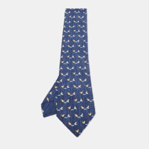 Hermes Blue Whimsical Chickens Print Silk Classic Tie