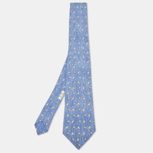 Herm&egrave;s Blue Whimsical Chickens Print Silk Classic Tie