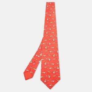 Herm&egrave;s Orange Raccoon Print Silk Classic Tie