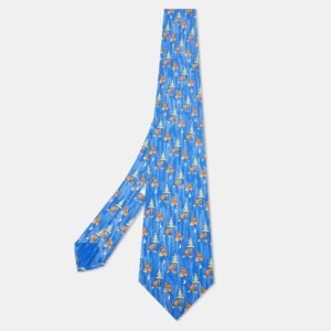 Herm&egrave;s Blue Beavers Print Silk Classic Tie