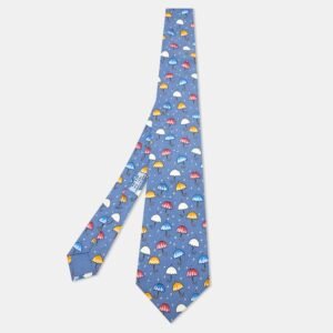 Herm&egrave;s Blue Umbrella Print Silk Tie