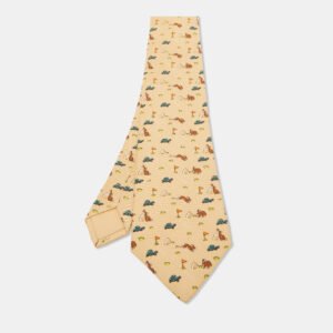 Hermes Beige Turtle & Hare Race Print Silk Tie