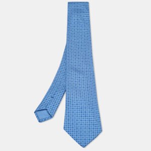 Hermes Blue Geometric Print Silk Tie