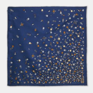 Herm&egrave;s Bleu Silk Twill N'Oublie Pas Tes Cles Pocket Square