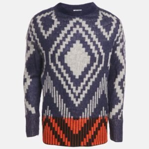 Kenzo Blue Geometric Intarsia Mohair Wool Blend Sweater S