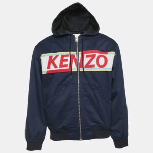 Kenzo Navy Blue Gabardine Logo Detailed Zip Front Hooded Jacket S