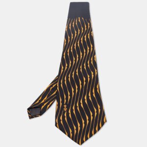 Lanvin Vintage Black & Orange Printed Silk Traditional Tie