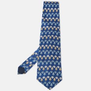Lanvin Blue Leaf Print Satin Silk Traditional Tie