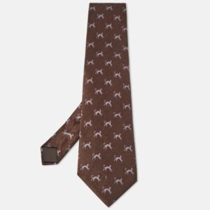 Lanvin Brown Cat Print Satin Silk Traditional Tie