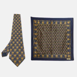 Lanvin Navy Blue Floral Print Satin Silk Pocket Square and Tie