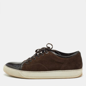 Lanvin Dark Brown Patent Leather and Suede Low Top Sneakers Size 46