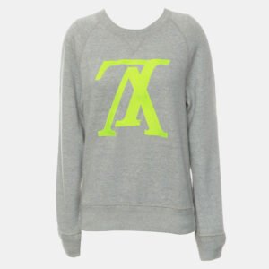 Louis Vuitton Light Grey, Neon Green Logo Embroidered Sweater SZ S