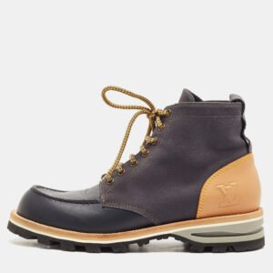 louis vuitton navy blue/brown leather and canvas ankle boots size 41.5