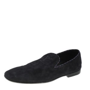 Louis Vuitton Navy Blue Suede Logo Smoking Slippers Size 43
