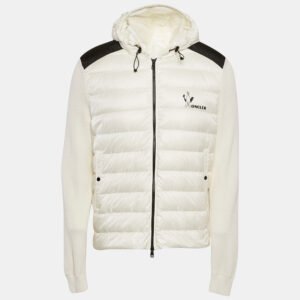 Moncler White Logo Print Cotton Knit and Quilted Nylon Down Jacket L