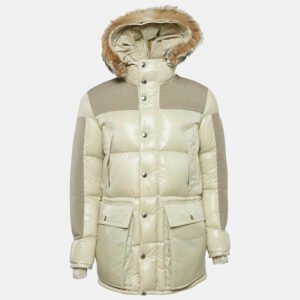 Moncler Grey Fur Trim Hood Nylon Down Puffer Jacket M