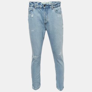 Off-White Light Blue Distressed Denim Buttoned Paperbag Waist Jeans M Waist 30"