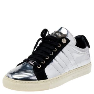 Philipp Plein Silver /Black Leather And Suede Low Top Sneakers Size 41