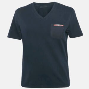 Prada Sports Midnight Blue/Black Cotton Rubber Logo Nylon Pocket V-Neck T-Shirt S
