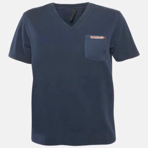 Prada Blue Cotton Rubber Logo Nylon Pocket V-Neck T-Shirt S