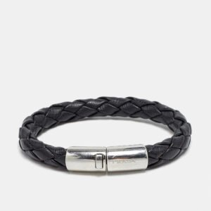 Prada Braided Leather Silver Tone Bracelet