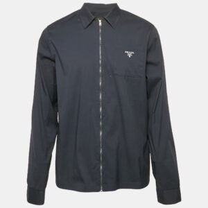 prada navy blue logo print cotton zip-up shirt l