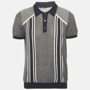 Prada Navy Blue Striped Knit Fitted Polo T-Shirt XL