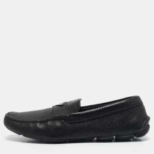 Prada Black Leather Triangle Logo Driver Slip On Loafers Size 43.5
