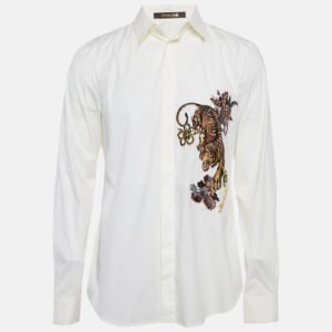Just Cavalli White Tiger Embroidered Cotton Button Front Shirt L