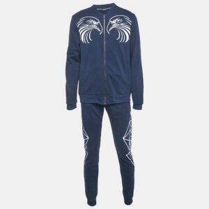 Roberto Cavalli Navy Blue Printed Cotton Knit Zip Front Jacket & Joggers Set L