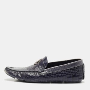 Roberto Cavalli Navy Blue Croc Embossed Leather Slip on Loafers Size 44