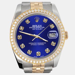 Rolex Custom Royal Blue 1.1ct Diamonds 18K Yellow Gold Stainless Steel Datejust  Automatic Men's Wristwatch 36mm