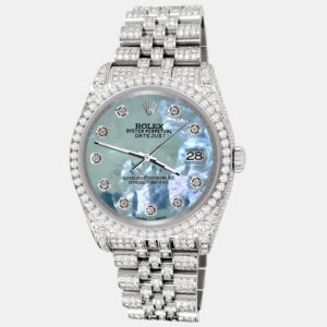 Rolex Custom Tahitian Blue 10.2ct Diamonds Stainless Steel Datejust 116200 Automatic Men's Wristwatch 36mm