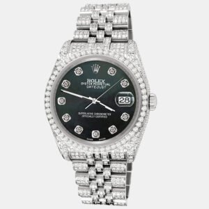 Rolex Custom Black 10.2ct Diamonds Stainless Steel Datejust 116200 Automatic Men's Wristwatch 36mm