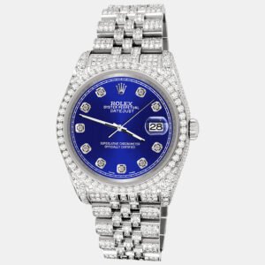 Rolex Custom Navy Blue 10.2ct Diamonds Stainless Steel Datejust 116200 Automatic Men's Wristwatch 36mm
