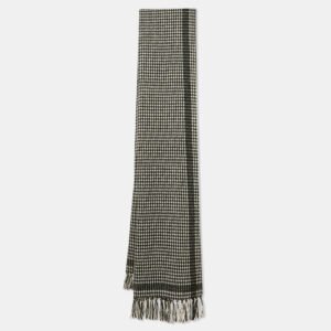 Saint Laurent Monochrome Houndstooth Wool Fringed Scarf