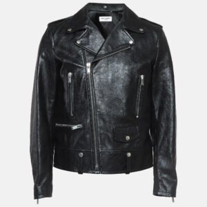 Saint Laurent Paris Black Leather Zipper Detail Biker Jacket XL