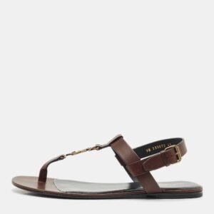 Saint Laurent Brown Leather Cassandre Thong Sandals Size 45