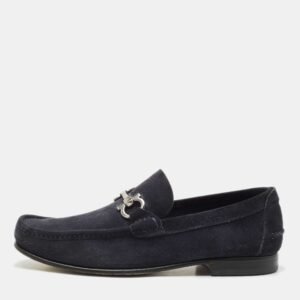 Salvatore Ferragamo Navy Blue Suede Double Gancio Loafers Size 42