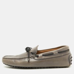 Tod's Light Grey Leather Bow Slip On Driver Loafers Size 38.5