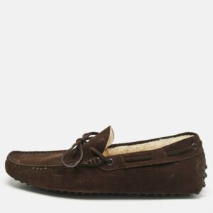 Tod's Dark Brown Suede Shearling Lined Bow Slip On Loafers Size 43