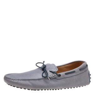 Tod's Grey/Navy Blue Leather Braided Bow Slip On Loafers Size 47